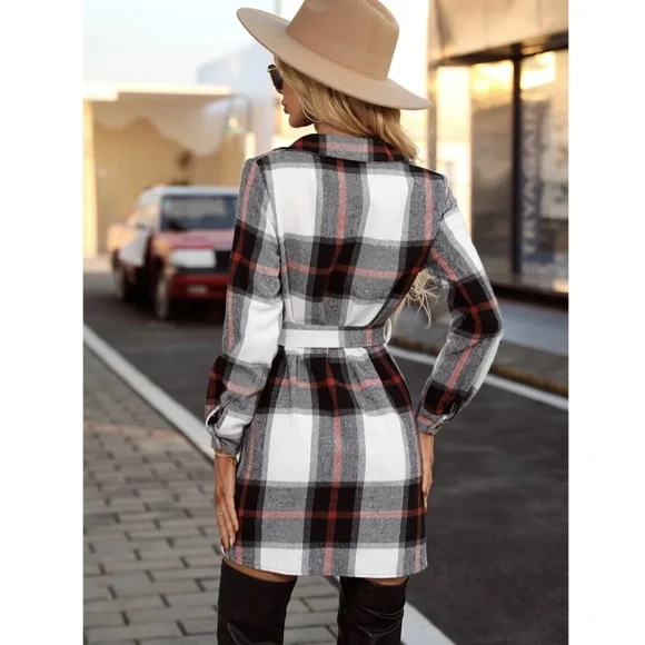 Plaid Long Sleeve Button Front Tie Belted Short Shirt Style Dress - Picture 3 of 10